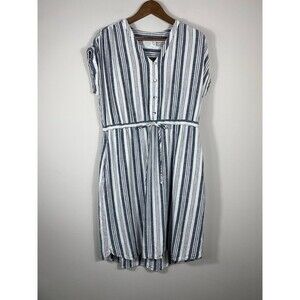 Time and Tru Blue White Striped Linen Blend Button Front Dress Size M (8-10)